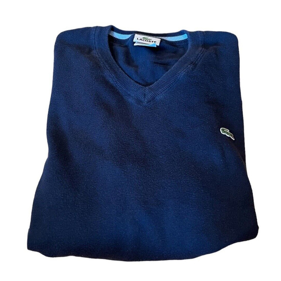 Lacoste Pullover V Neck Sweater Jumper Navy 100% Cotton Mens Sz 5 Large F5178 - Picture 1 of 5